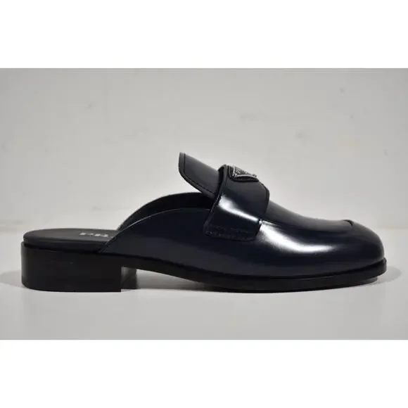 Prada Navy Blue Leather Triangle Silver Logo Loafer Slip On Slide Mule Flat 36.5